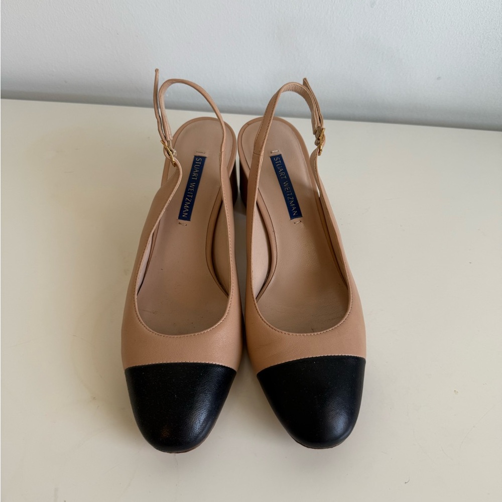 Stuart Weitzman Tan and Black Heels with Cap-Toe Design
